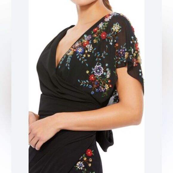 Ieena Mac Duggal Sz 4 Gown faux wrap multi floral beaded black dress #26530 - Picture 3 of 14